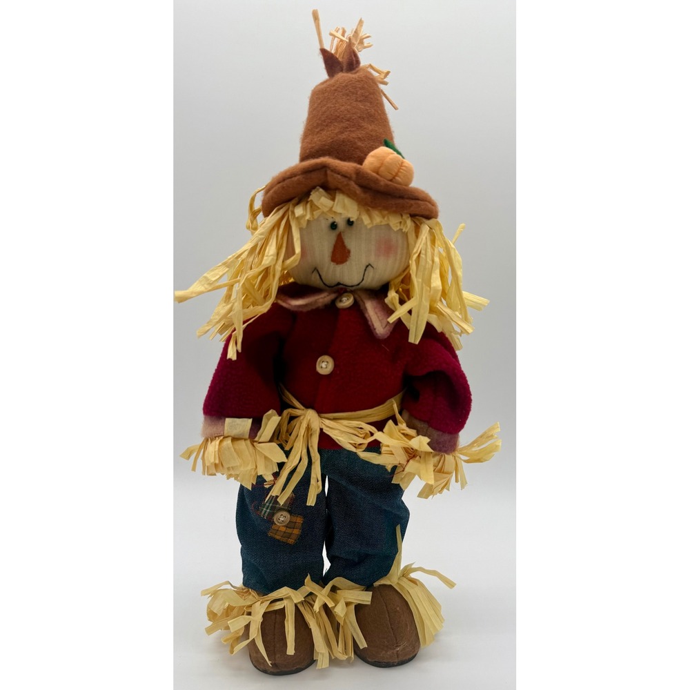 Fall Harvest Scarecrow Doll 18 Inch Autumn Decor Burgundy Jacket Denim Pants